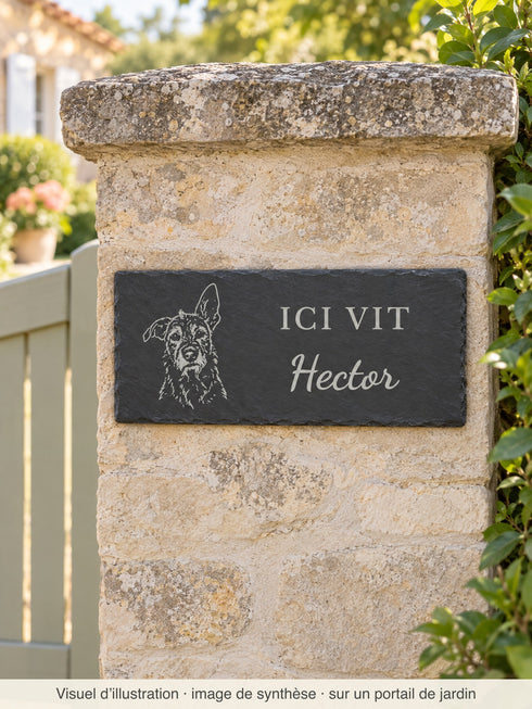 Visuel d’illustration, image de synthèse : plaque « Ici vit Hector » en line art collée à plat sur un pilier de portail en pierre