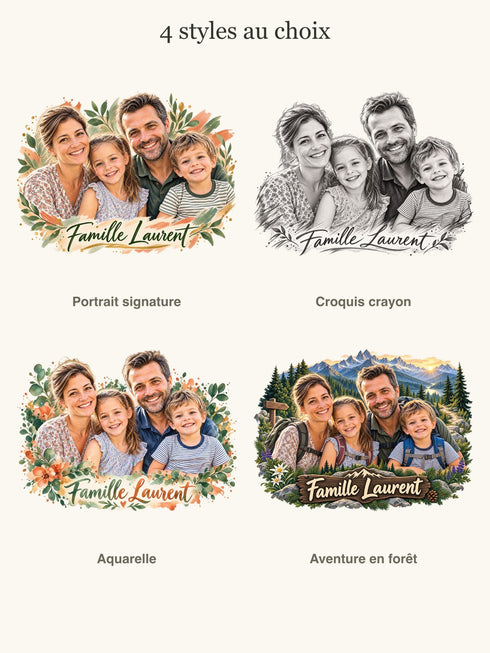 Les quatre styles du portrait de famille : Portrait signature, Croquis crayon, Aquarelle et Aventure en forêt