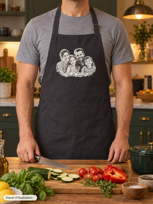 Visuel d’illustration – tablier noir porté par un homme dans une cuisine le soir, derrière un îlot avec des légumes et une cocotte, avec un portrait de famille fictive au crayon clair, style Croquis, texte « Famille Laurent »