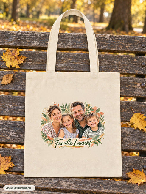 Visuel d’illustration – tote bag posé sur un banc en bois dans un parc en automne, avec un portrait de famille fictive en style Portrait signature, texte « Famille Laurent »