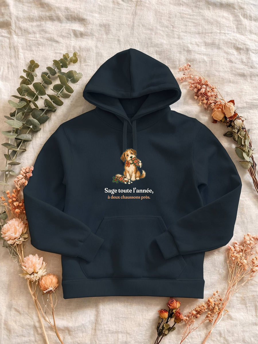 Visuel d’illustration – Sweat femme navy avec le motif de Noël : un chien assis, un chausson dans la gueule, et la phrase « Sage toute l’année, à deux chaussons près. »
