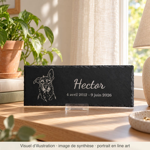 Visuel d’illustration, image de synthèse : plaque souvenir en ardoise avec un portrait en line art, près d’une fenêtre