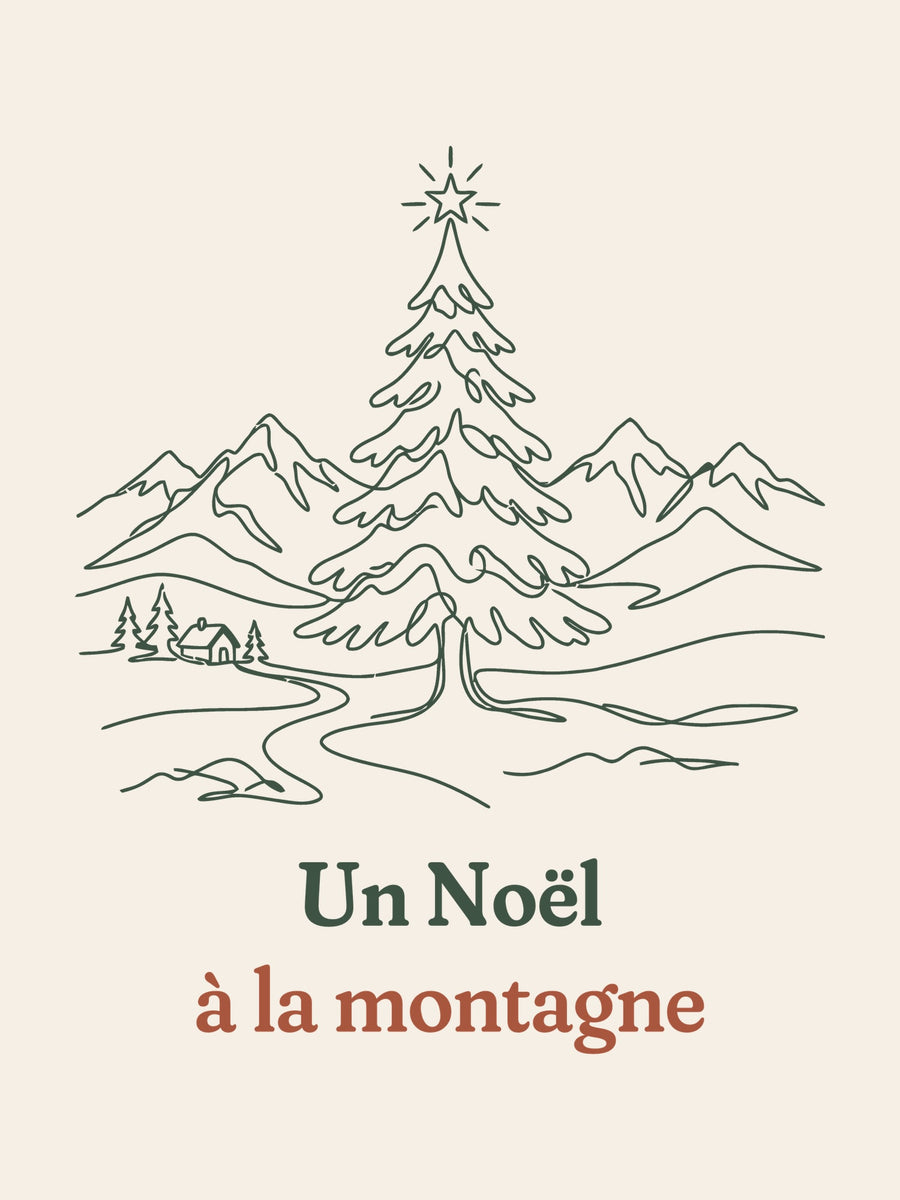 Visuel d’illustration – gros plan du motif : un sapin de Noël étoilé devant des montagnes enneigées, dessiné au trait et « Un Noël à la montagne »