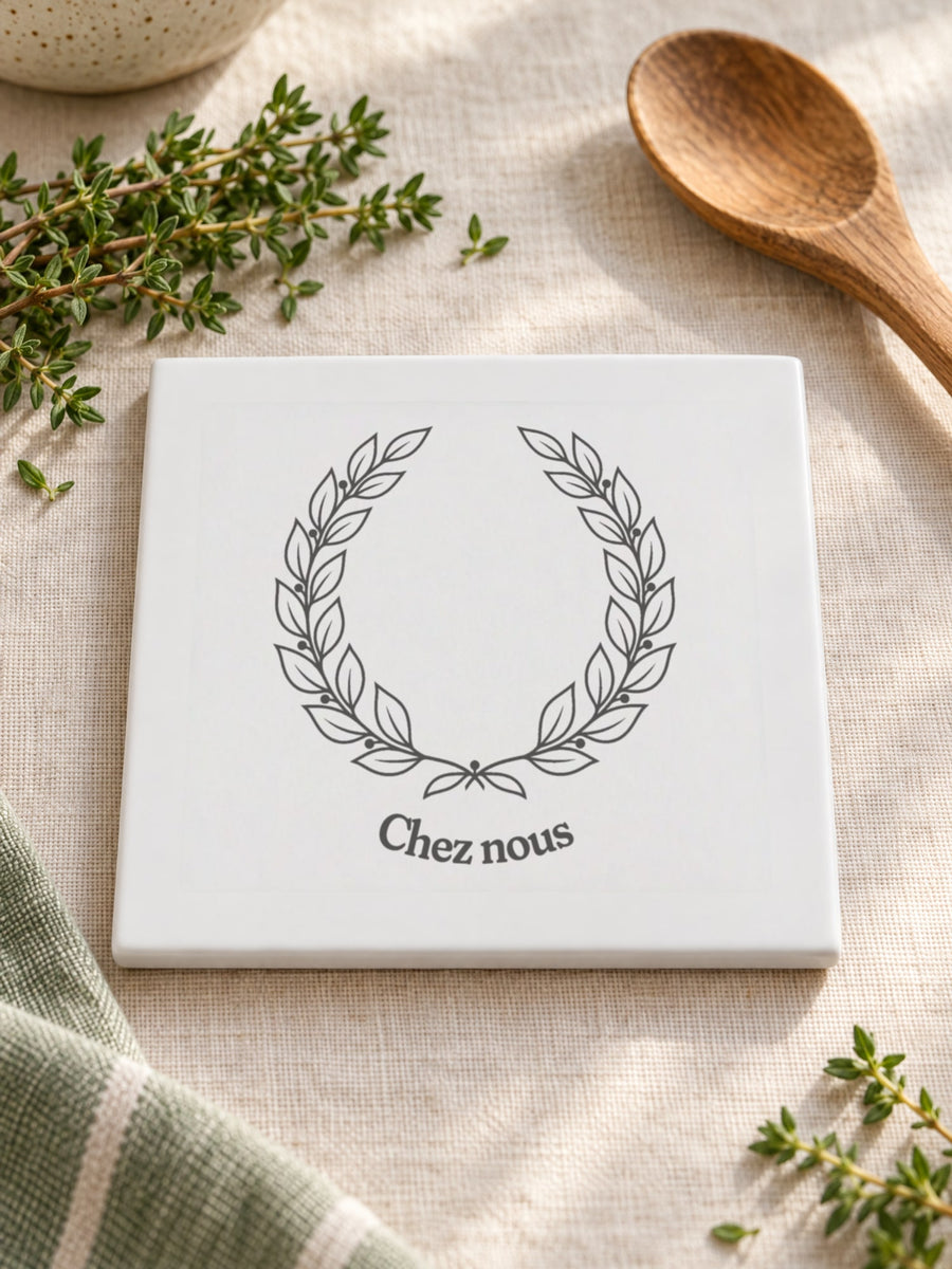 Visuel d’illustration – dessous de plat en céramique sur une nappe en lin près d’un brin de thym, gravé « Chez nous » (exemple)