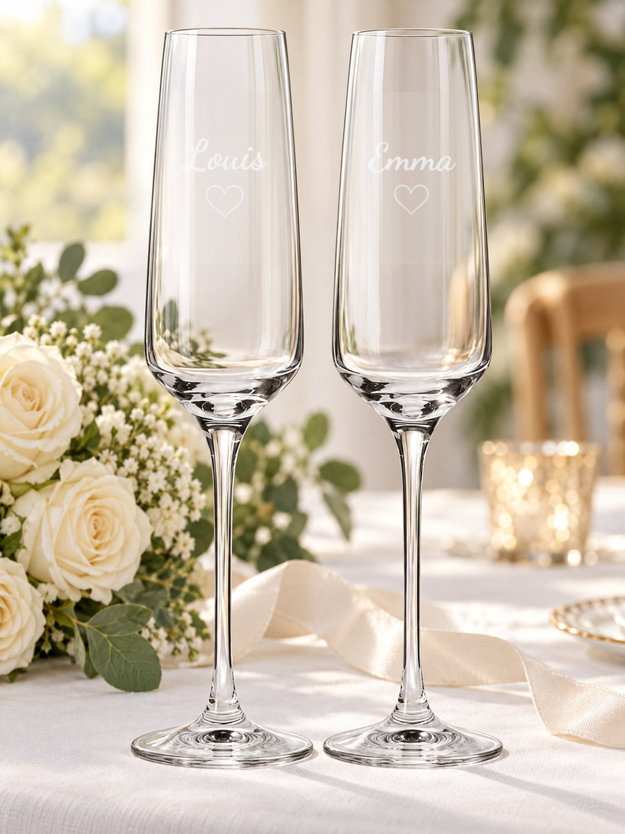 Visuel d’illustration – deux flûtes sur une nappe blanche près d’un bouquet, gravées « Emma » et « Louis » (exemples)