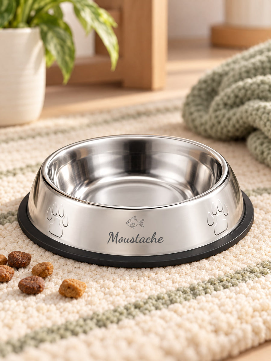 Visuel d’illustration – gamelle inox sur un tapis de cuisine crème, gravée « Moustache » (exemple)