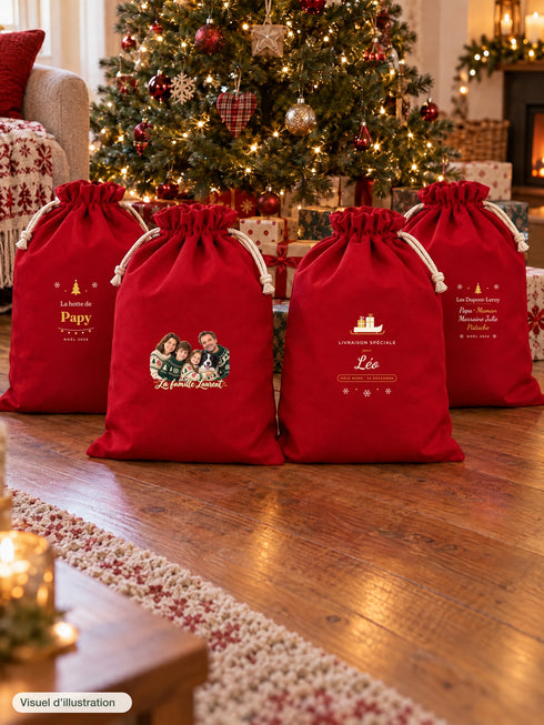 Visuel d’illustration – quatre hottes de Noël rouges assorties au pied du sapin, une pour chacun : le modèle « La hotte de » au prénom Papy, le portrait d’une famille de quatre et de son chien, style Noël douillet, texte « La famille Laurent » en lettres dorées, le modèle « Livraison spéciale » au prénom Léo, le modèle au prénom « Famille », titre « Les Dupont-Leroy » et quatre prénoms