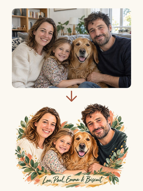 Une photo de famille avec son chien transformée en portrait illustré, avant impression