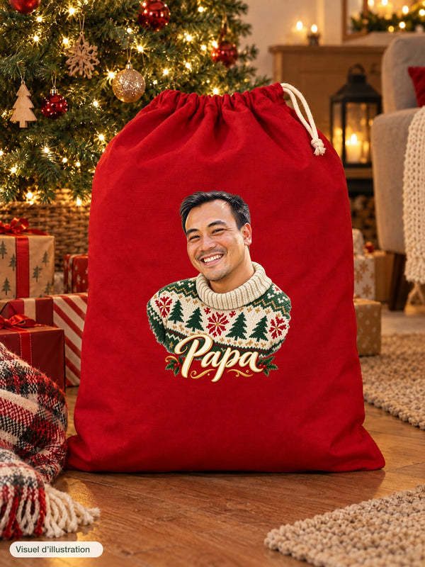 Visuel d’illustration – hotte de Noël rouge remplie de cadeaux au pied d’un sapin illuminé, avec le portrait d’un papa, style Noël douillet, texte « Papa » en lettres dorées