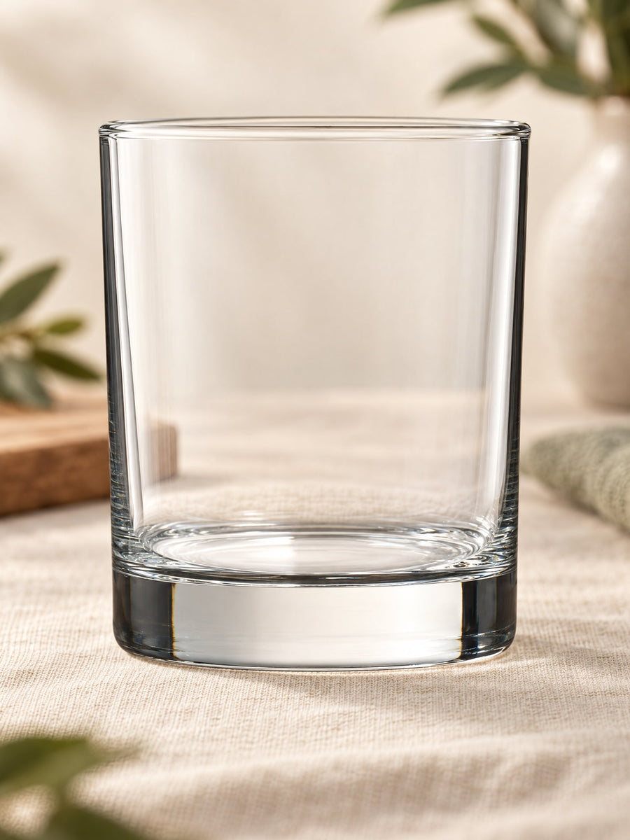 Visuel d’illustration – verre bas lisse en verre transparent vierge posé sur un lin crème