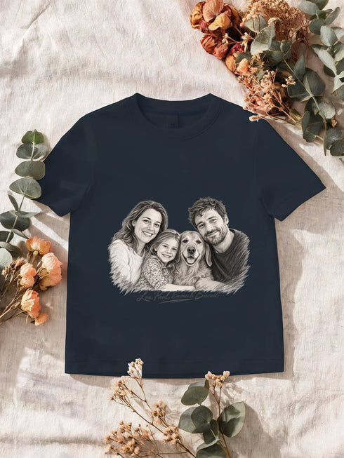 T-shirt navy avec un portrait de famille et son chien au crayon, traits clairs