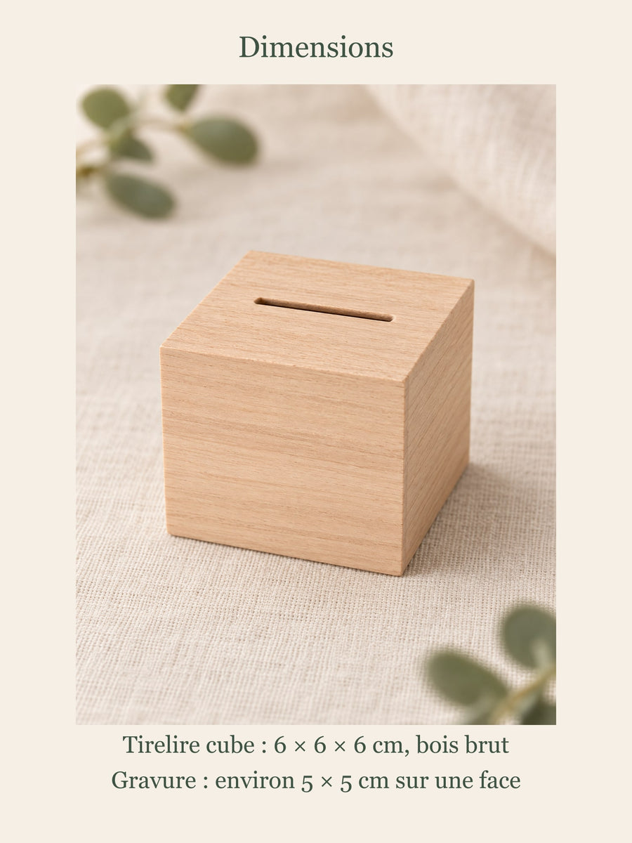 Visuel d’illustration – dimensions de la tirelire : 6 × 6 × 6 cm
