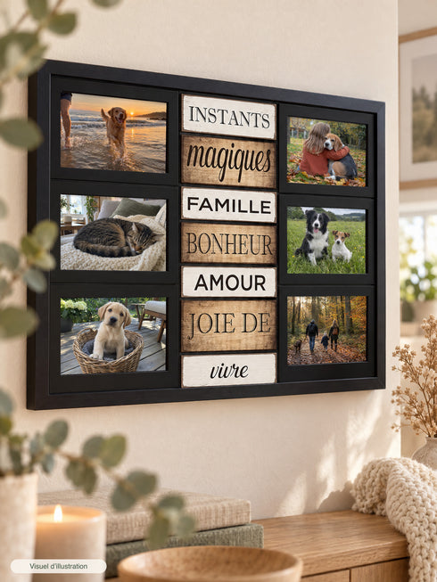 Visuel d’illustration – gros plan sur le cadre noir 6 photos « Instants magiques » avec des photos d’illustration de chiens et de chats autour des mots Instants magiques, famille, bonheur, amour, joie de vivre