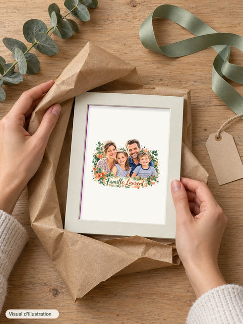 Visuel d’illustration – cadre blanc 13 × 18 cm sorti de son papier cadeau kraft, avec un portrait de famille fictive détouré à l’aquarelle, sur papier blanc