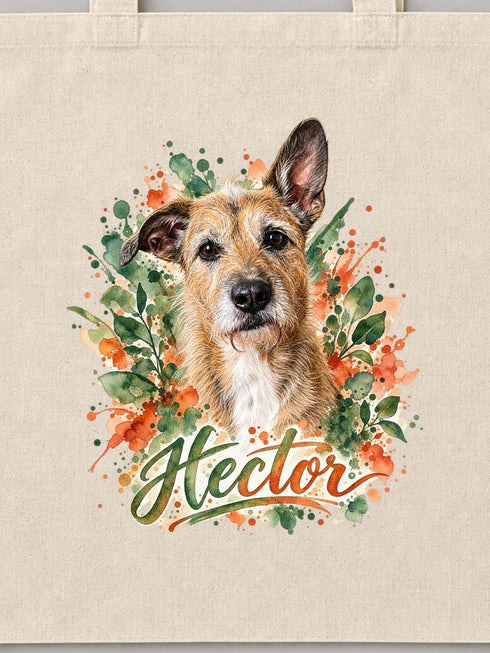 Visuel d’illustration – gros plan du portrait imprimé sur le coton naturel du tote bag, avec le portrait à l’aquarelle d’Hector, chien fictif, et son prénom