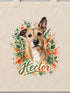 Visuel d’illustration – gros plan du portrait imprimé sur le coton naturel du tote bag, avec le portrait à l’aquarelle d’Hector, chien fictif, et son prénom