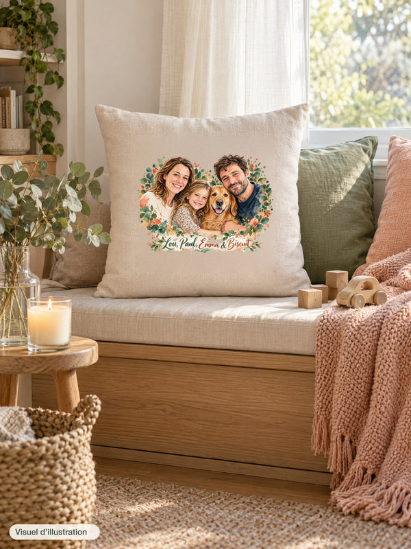 Visuel d’illustration – housse de coussin naturel sur une banquette de salon, avec un plaid, une bougie et des cubes en bois, avec le portrait à l’aquarelle d’une famille et de son chien, texte « Lou, Paul, Emma & Biscuit »