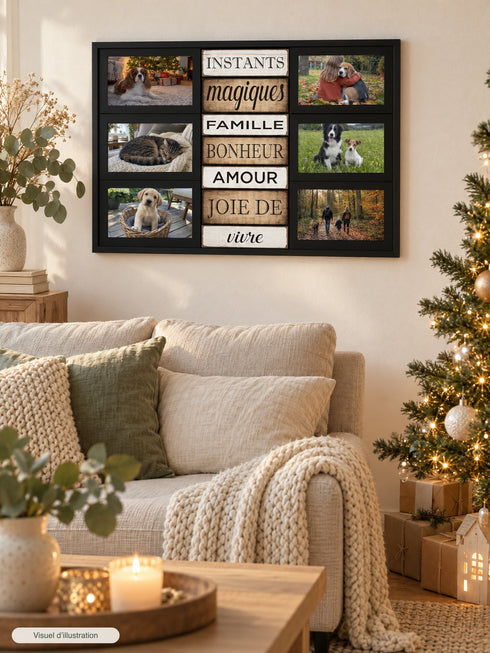 Visuel d’illustration – cadre noir 6 photos « Instants magiques » avec des photos d’illustration de chiens et de chats autour des mots Instants magiques, famille, bonheur, amour, joie de vivre, accroché au-dessus d’un canapé près d’un sapin de Noël illuminé
