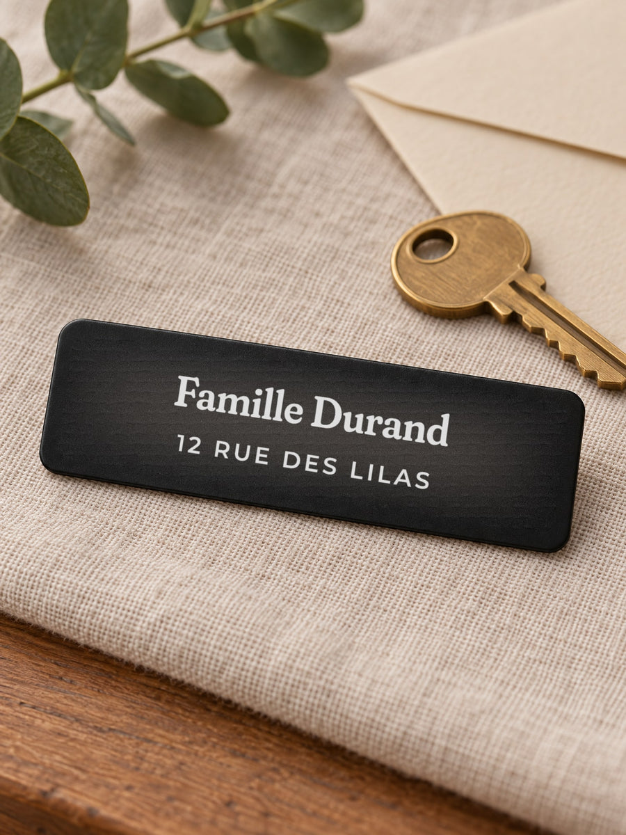 Visuel d’illustration – plaque posée sur un lin près d’une clé en laiton, gravée « Famille Durand » et « 12 rue des Lilas » (exemple)