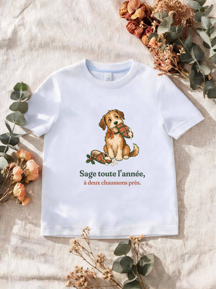 Visuel d’illustration – T-shirt homme blanc avec le motif de Noël : un chien assis, un chausson dans la gueule, et la phrase « Sage toute l’année, à deux chaussons près. »