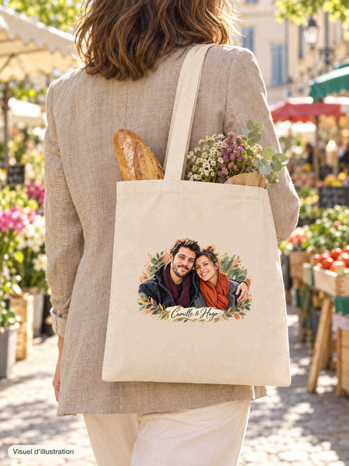 Visuel d’illustration – tote bag porté à l’épaule au marché, vu de dos, avec une baguette et des fleurs, avec un portrait de couple fictif en style Portrait signature, prénoms « Camille & Hugo »