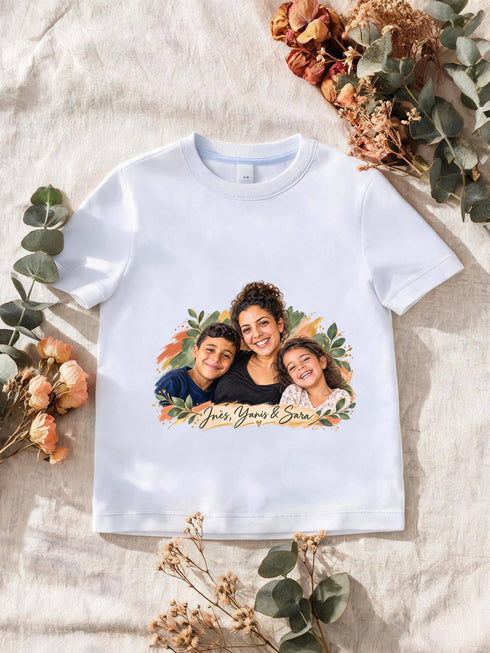 T-shirt blanc avec le portrait d’une mère et de ses deux enfants
