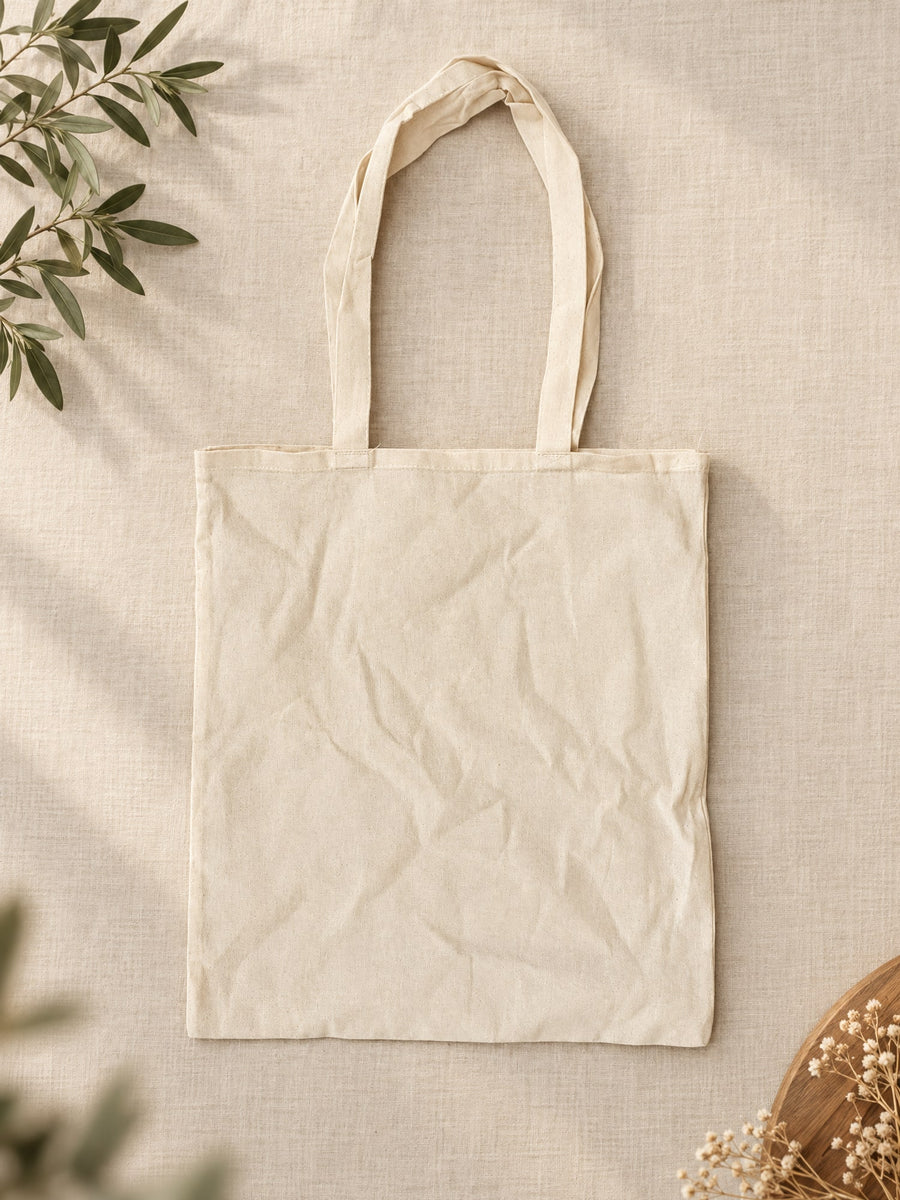 Visuel d’illustration – tote bag en coton naturel vierge posé à plat sur un lin crème