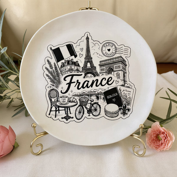 Assiette décorative France — Motifs Parisiens en Noir & Blanc, avec Présentoir Doré