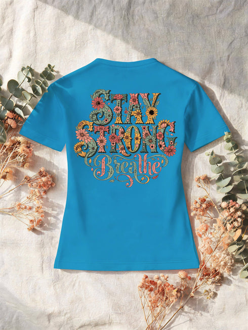 T-shirt femme bleu Atoll, motif floral vintage au dos, ambiance cocooning