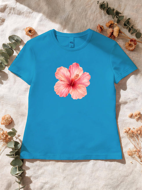 T-shirt femme hibiscus aquarelle coloris Bleu Atoll à plat