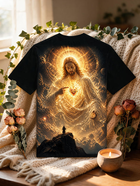 T-shirt noir Sacré-Cœur doré drapé sur une chaise en bois