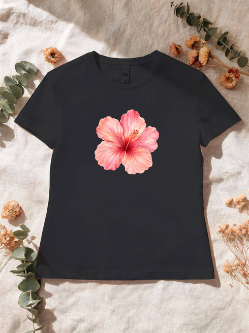 T-shirt femme hibiscus aquarelle coloris Noir à plat