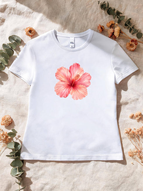 T-shirt femme hibiscus aquarelle coloris Blanc à plat