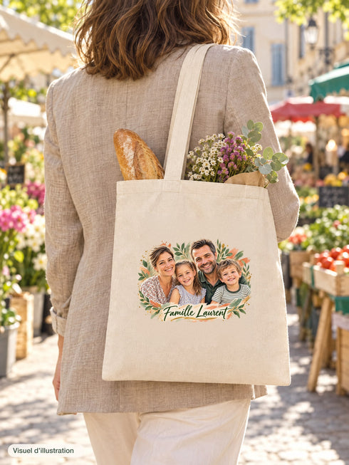 Visuel d’illustration – tote bag porté à l’épaule au marché, vu de dos, avec une baguette et des fleurs, avec un portrait de famille fictive en style Portrait signature, texte « Famille Laurent »
