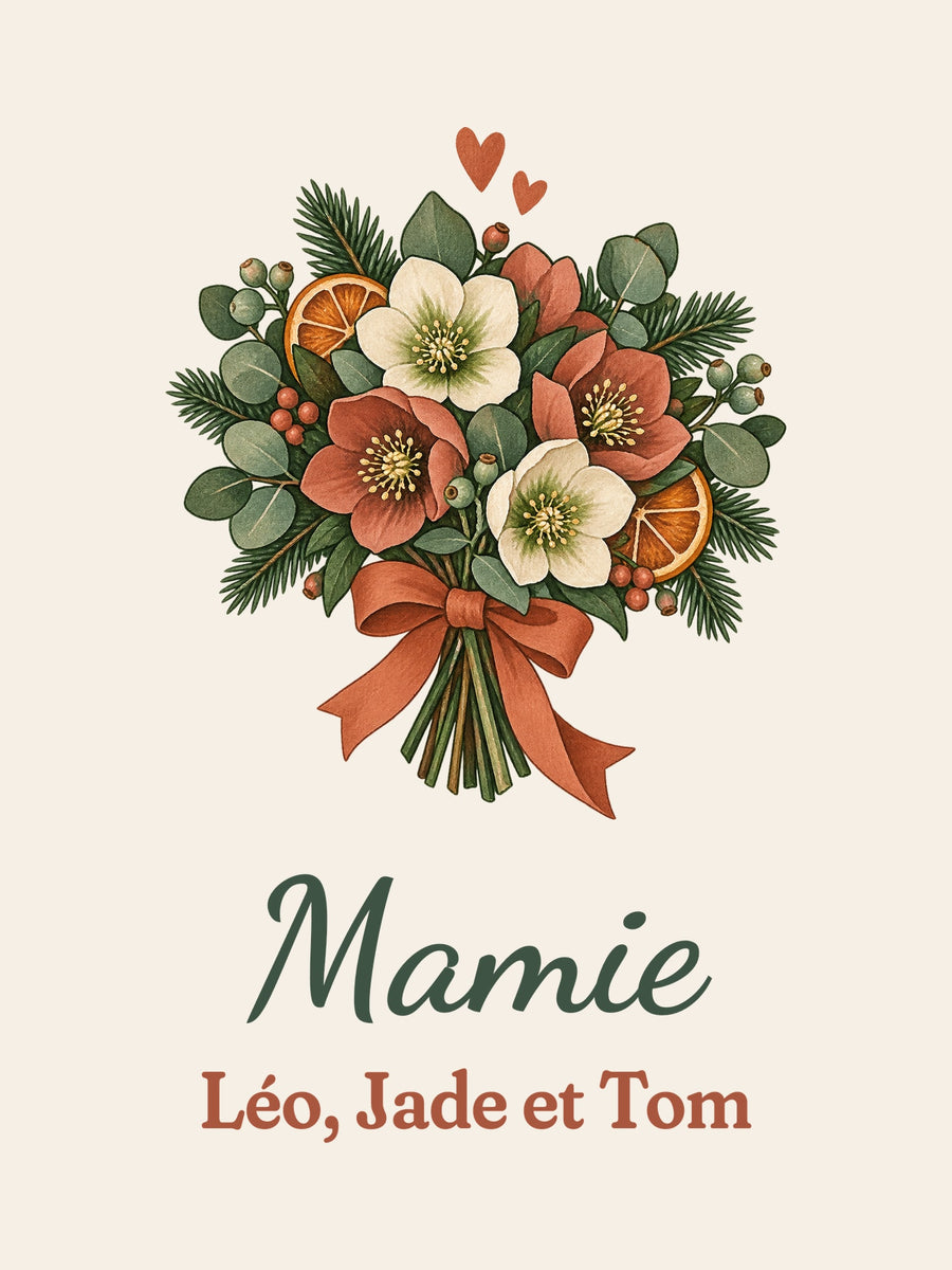 Visuel d’illustration – gros plan du motif : un bouquet d’hiver, « Mamie » et « Léo, Jade et Tom » (exemple de prénoms)