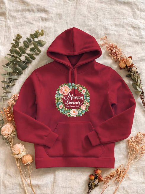 Visuel d’illustration – Sweat femme rouge avec le design « Maman d’amour », exemple avec le surnom seul