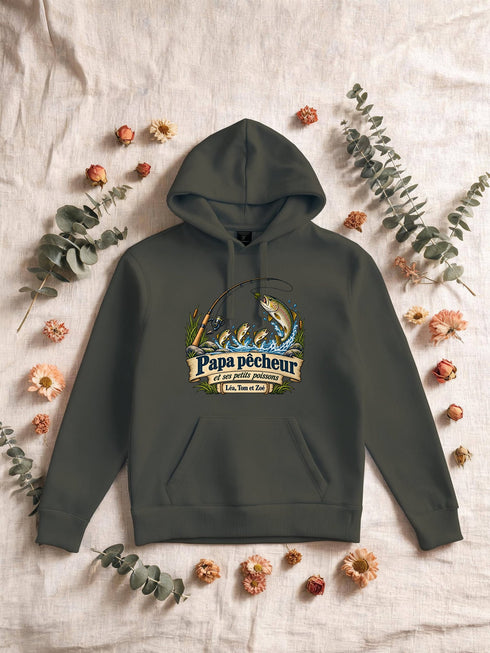 Visuel d’illustration – Sweat homme khaki avec le design « Papa pêcheur et ses petits poissons », exemple avec le surnom seul
