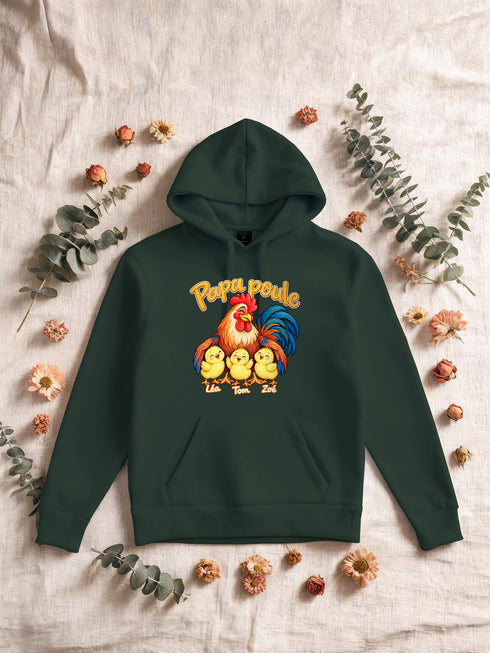 Visuel d’illustration – Sweat homme vert forêt avec le design « Papa poule », exemple avec les prénoms Léa, Tom et Zoé