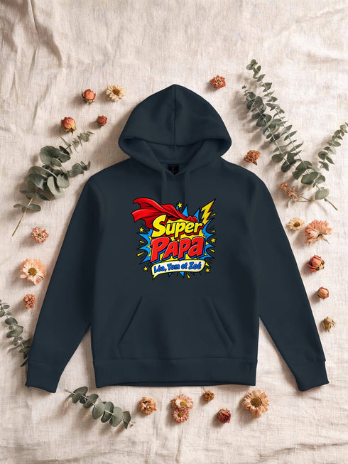 Visuel d’illustration – Sweat homme navy avec le design « Super Papa », exemple avec le surnom seul