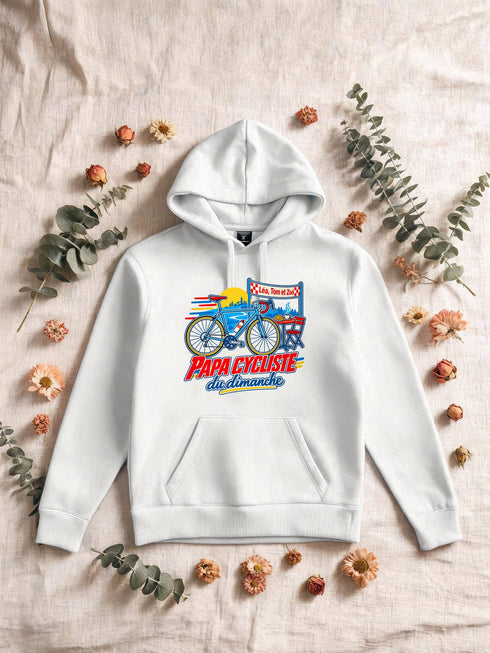 Visuel d’illustration – Sweat homme blanc avec le design « Papa cycliste du dimanche », exemple avec le surnom seul