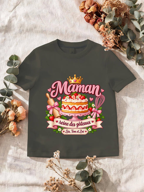 Visuel d’illustration – T-shirt homme khaki avec le design « Maman, reine des gâteaux », exemple avec le surnom seul
