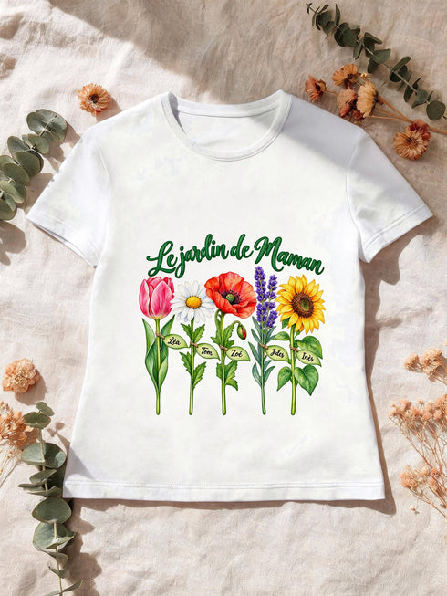 Visuel d’illustration – T-shirt femme blanc avec le design « Le jardin de Maman », exemple avec les prénoms Léa, Tom, Zoé, Jules et Inès