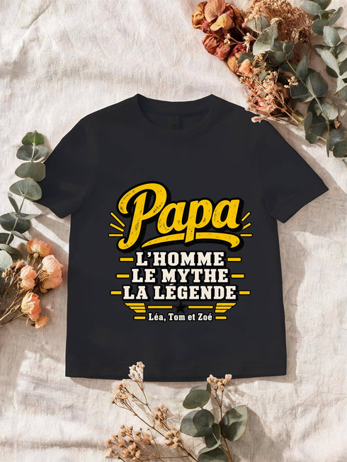 Visuel d’illustration – T-shirt homme noir avec le design « Papa, l’homme, le mythe, la légende », exemple avec le surnom seul