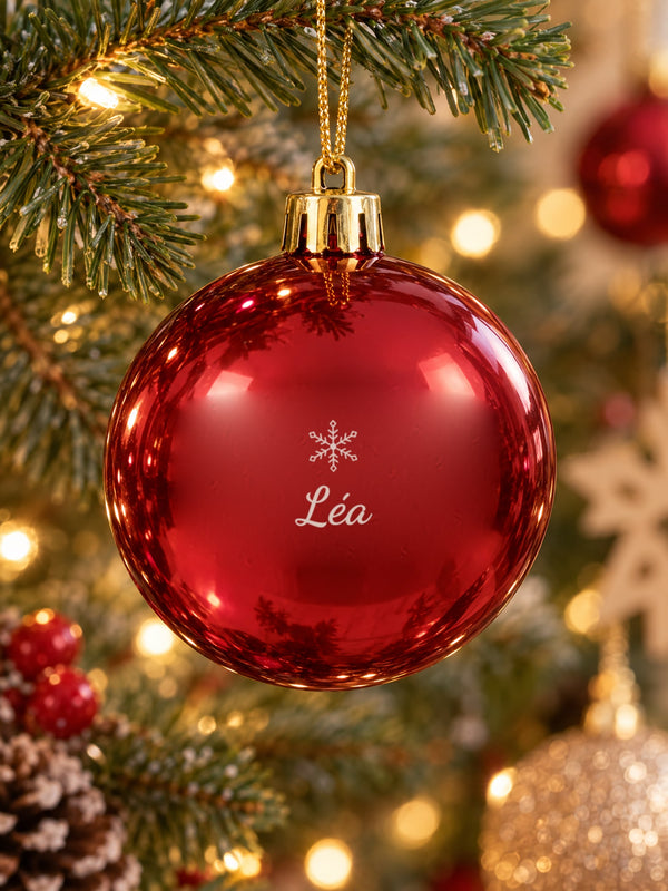 Visuel d’illustration – boule de Noël rouge gravée d’un flocon et d’un prénom d’exemple dans un sapin