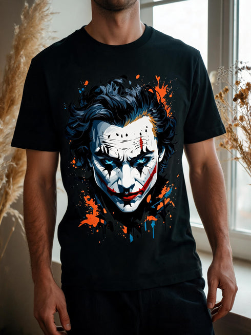 Homme portant un t-shirt clown street art noir