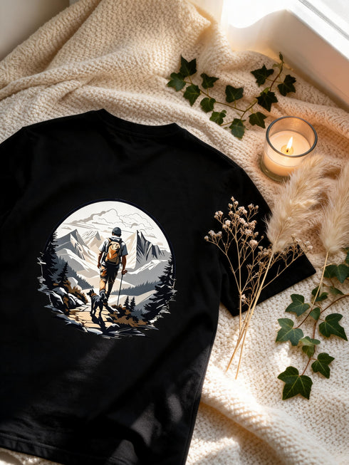 T-shirt randonnée noir montagne et chien motif au dos coton bio
