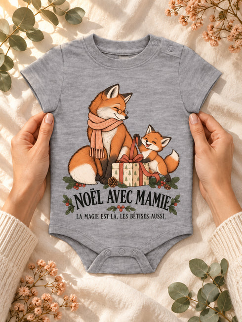 Body bébé Noël avec Mamie Oxford Grey présenté entre deux mains