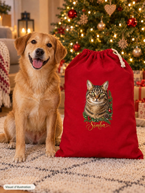 Visuel d’illustration – un chien assis à côté d’une hotte de Noël rouge remplie de cadeaux, avec le portrait de Simba, un chat tigré, style Couronne de Noël, prénom en lettres dorées