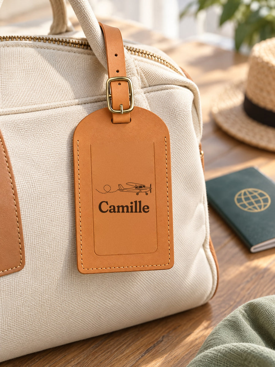 Visuel d’illustration – étiquette accrochée à un sac de week-end en toile, gravée d’un petit avion et « Camille » (exemple)