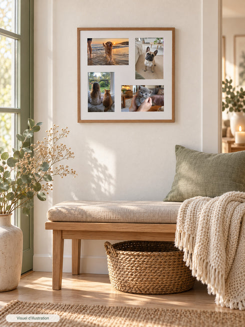 Visuel d’illustration – cadre photo marron aspect bois à passe-partout blanc, avec quatre photos d’illustration de chiens et de chats, deux en paysage et deux en portrait, accroché dans une entrée au-dessus d’un banc en bois et d’un panier